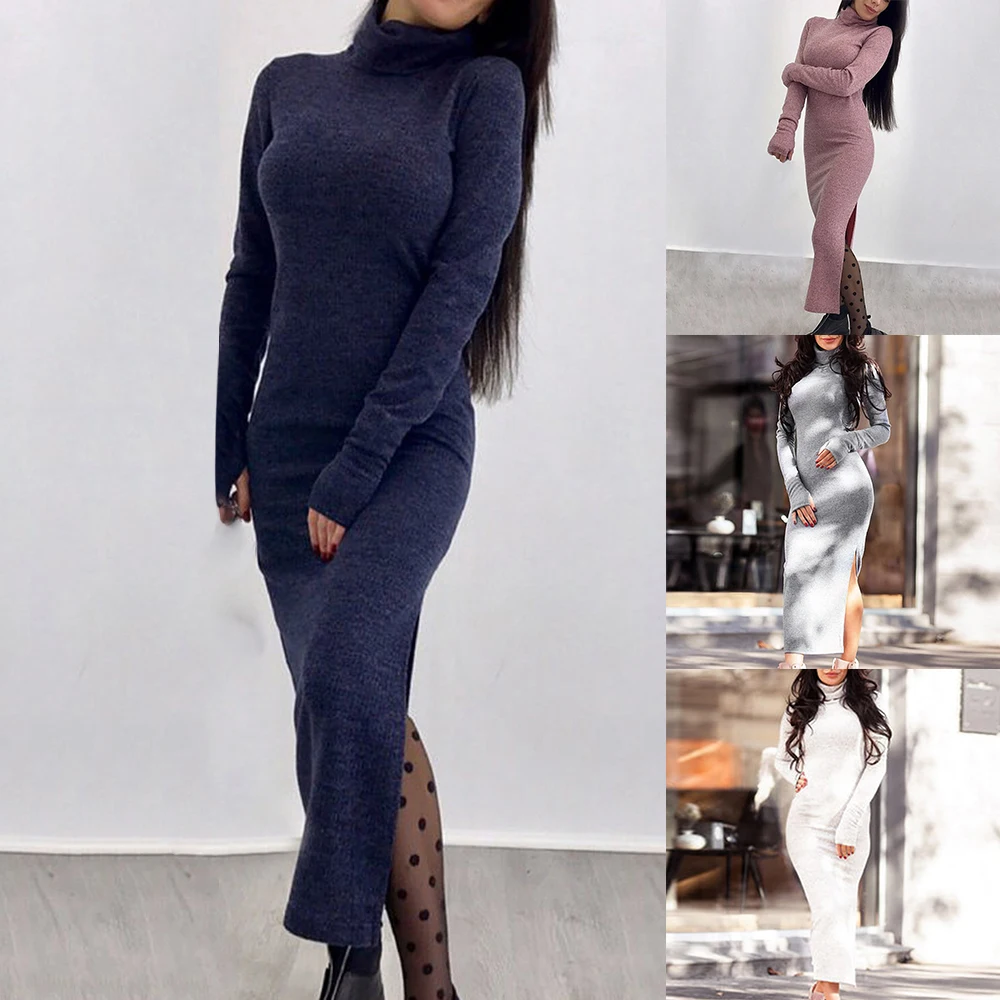 Женское трикотажное платье свитер HEFLASHOR облегающее водолазка с длинным рукавом и
