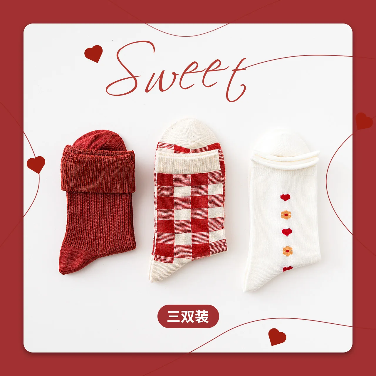 

3 Pairs/lot Caramella New Style for Autumn Winter Women's Socks Japanese Cartoon Cotton Socks Red Floral Plaid Socks