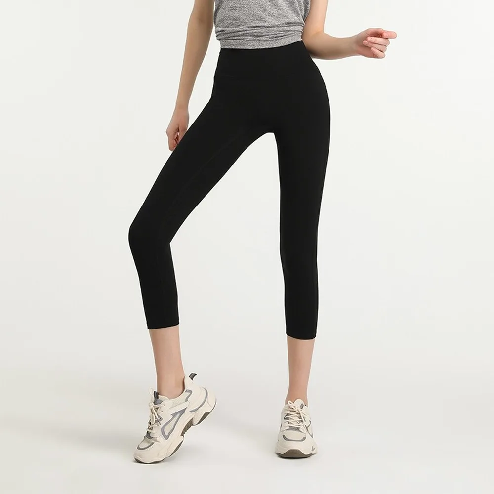 

High Waisted Nudity Yoga Pants with Pocket Gym Fitness Cropped Trousers Sports Push-Up Tights Summer Elastic Nubes Capris Women