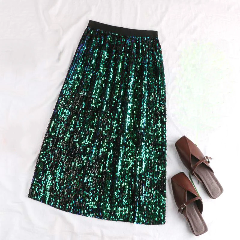 Женская Блестящая эластичная юбка Meduim Лоскутная черного и зеленого цвета с