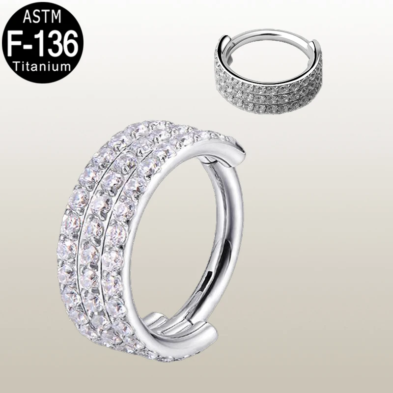 

1PCS ASTM F-136 Titanium 16G Hinged Segment Rings With 3 Rows Zircon Pave Side Nose Ring Tragus Helix Cartilage Daith Earrings