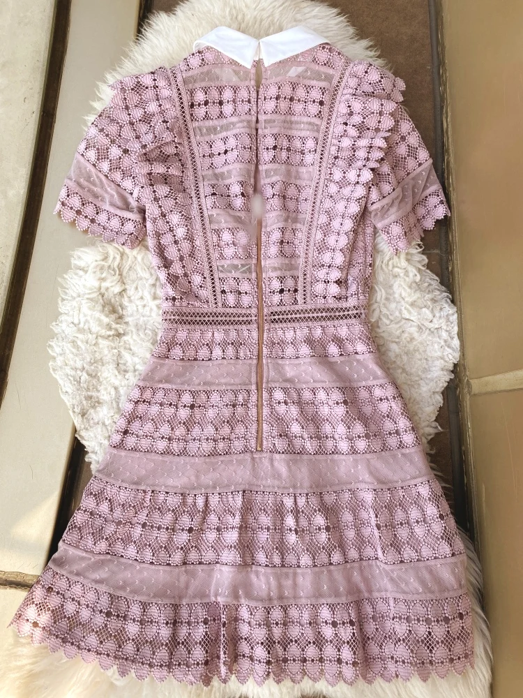 

Autumn High Quality Runway Dress Women 2019 Elegant Turn-down Collar Pink Hollow Out Lace Dress A-line Mini Dress