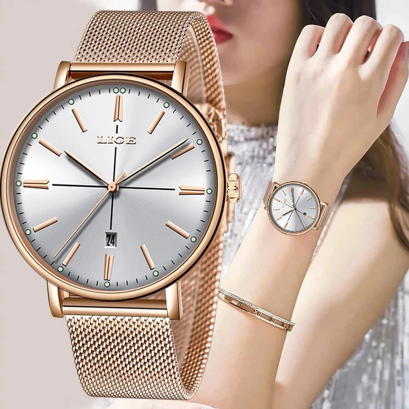 

Women Watches LIGE Top Brand Luxury Ladies Mesh Belt Ultra-thin Watch Stainless Steel Waterproof Clock Quartz Watch Reloj Mujer