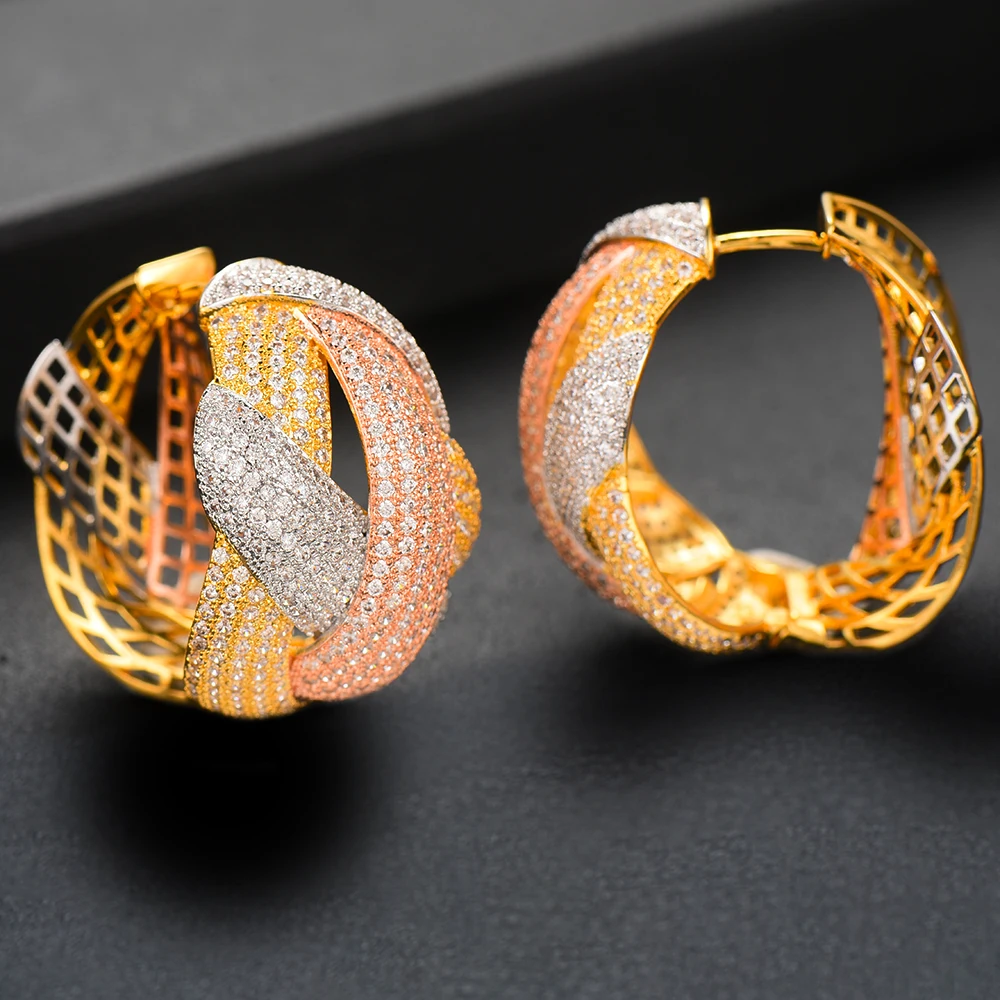 

LARRAURI Luxury 3 Tone Cubic Zircon BIG HOOP Earrings Trendy Charms DUBAI Round Hoop Statement Earring for Women Wedding Jewelry