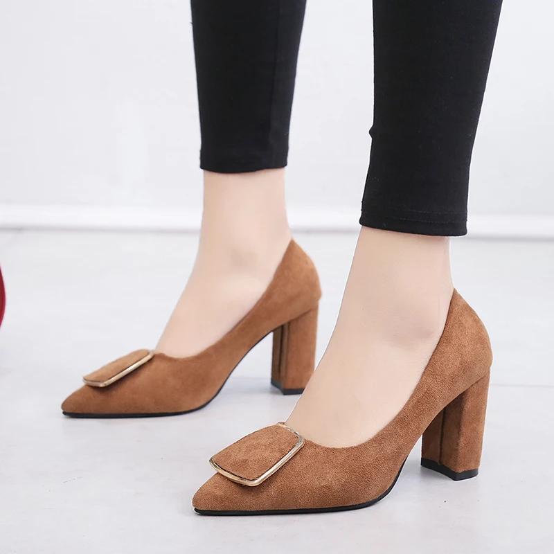 Женские офисные туфли-лодочки из флока на Высоком толстом каблуке с