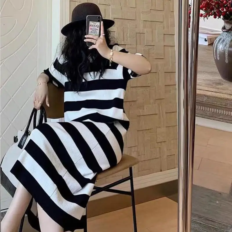 

Sleeping Skirt Female Sexy Nightwear O-Neck Cotton Sleepwear Summer Striped Home Dressing Gown Short Sleeve Casual Nightgown