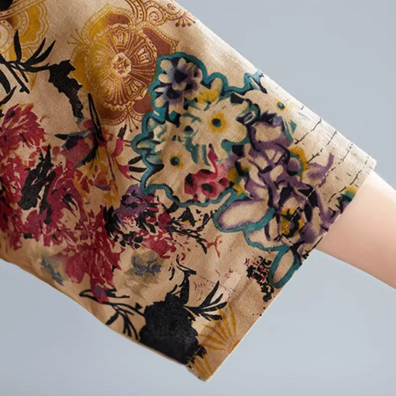 Plus Size Cotton Linen Long Blouse Shirt Dress Women Summer Spring New Vintage Print Female Shirts Kimono Cardigan 6XL 7XL | Женская