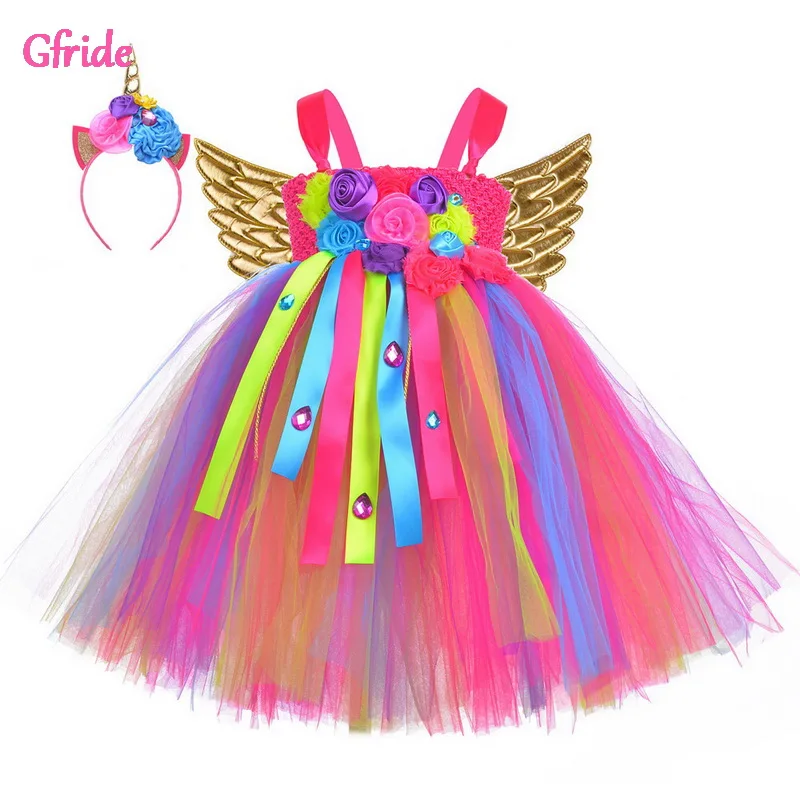 

Платье для девочки с единорогом, длинное яркое платье, повязка на голову, крылья, Хэллоуин, дети, единорог, день рождения, вечеринка, Тюлевое ...