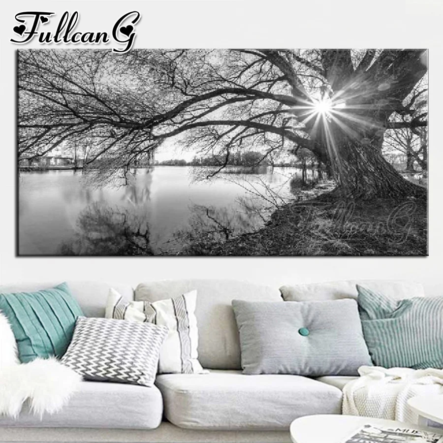 

FULLCANG черно-белые старые деревья солнечное озеро пейзаж большая алмазная живопись 5d Сделай Сам полная квадратная Круглая Мозаика вышивка ...