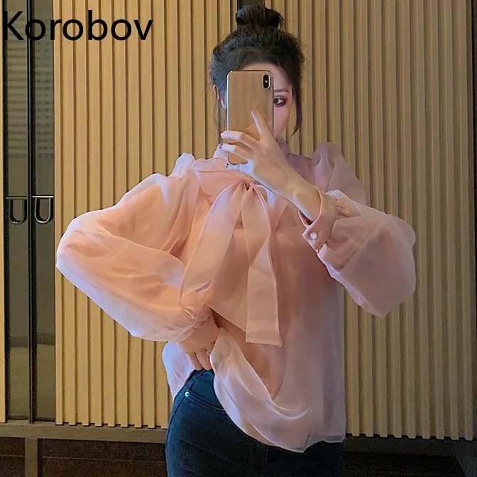 Женские блузки с бантом Korobov винтажные Блузы длинным рукавом и шнуровкой новинка