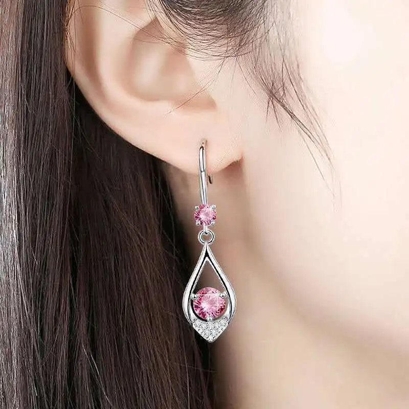 Женские серьги-подвески из серебра 100% пробы с розовым топазом