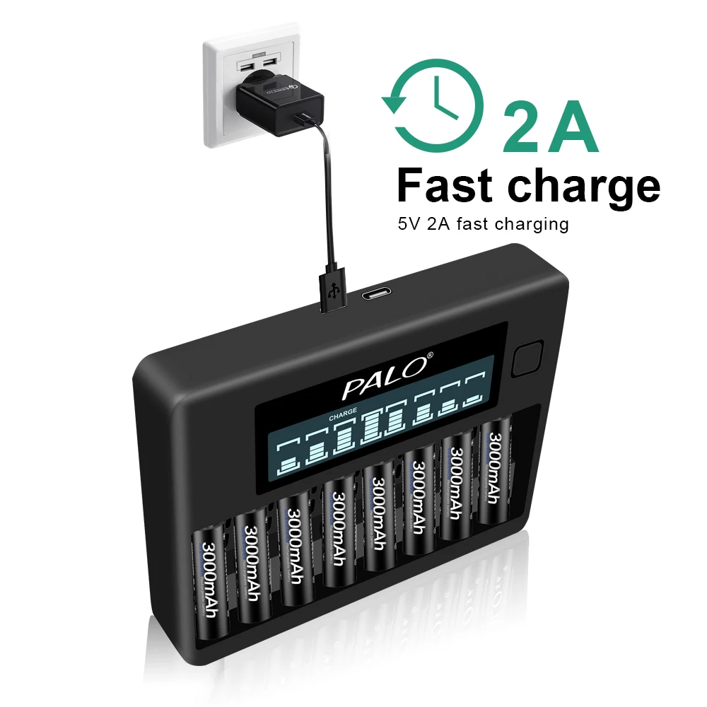 PALO 1 2 V AA перезаряжаемые батареи 3000mAh 2A Ni-MH Ni MH Rechargeble с 8 слотами AAA зарядное