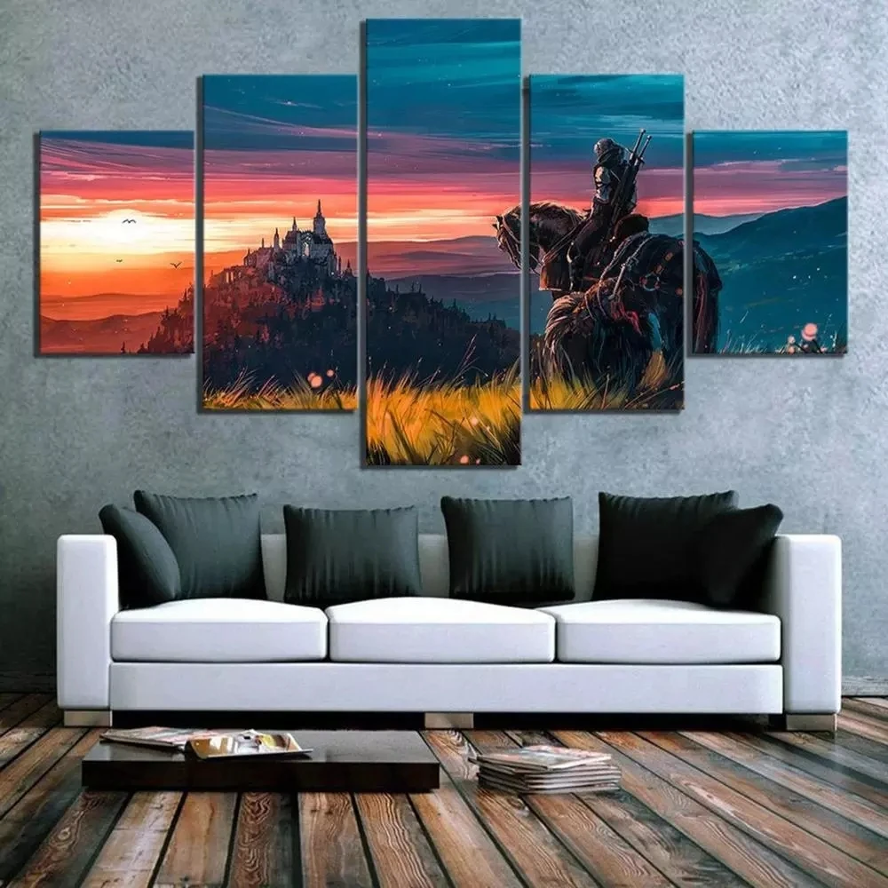 

Canvas Poster Game 5 Piece Wilde Hunt Geralt Van Rivia Painting Wall Art Moderne Modular Living Room Home Decor Print Pictures
