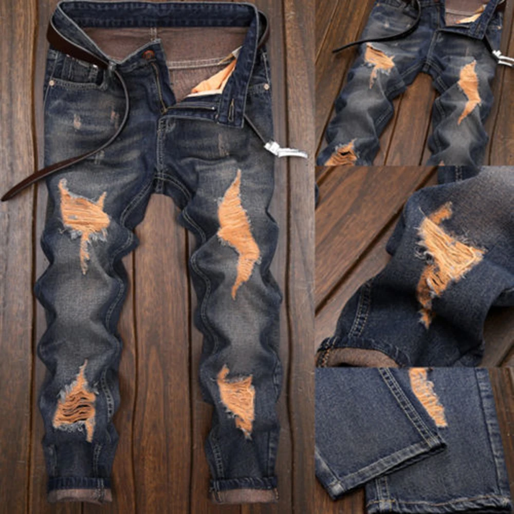 

Vintage Designer Men Jeans High Quality Slim Fit Cotton Denim Pants Ripped Jeans For Men Wild Classical Jeans homme Size 28-36
