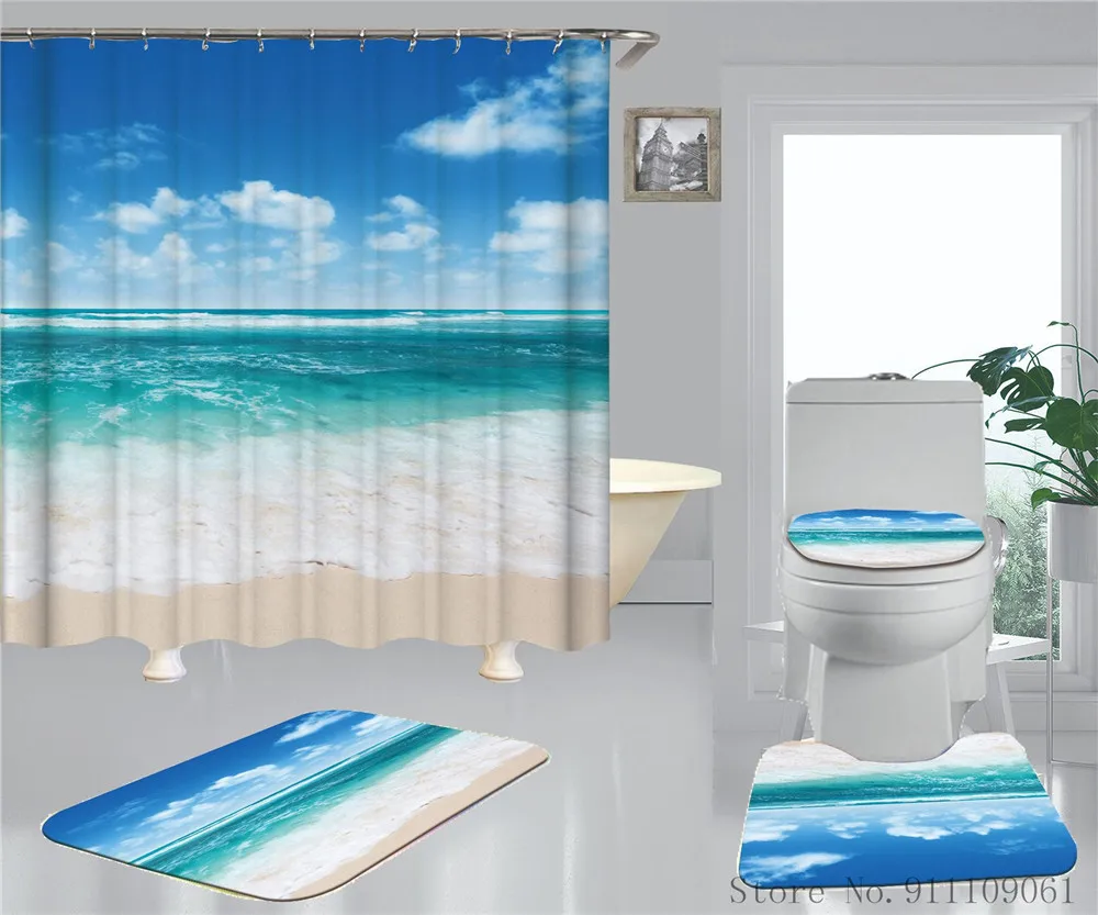 

Blue Seascape Pattern Digital Printing Polyester Fabric Shower Curtain Non-slip Bath Mat Toilet Mat Bathroom 4pcs Set Home Decor