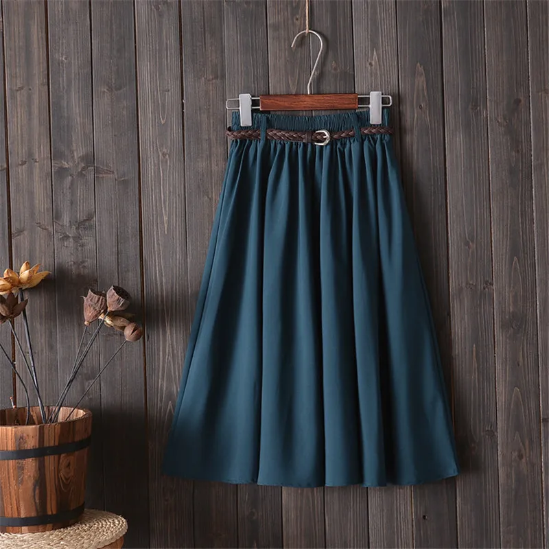 

219 Women Soldi Midi Summer Skirt With Belt High Waist Pleated A-line Skirt