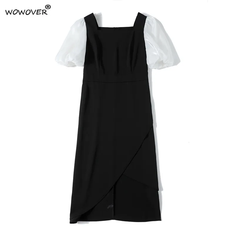 

Lady Elegant Designer Square Collar Puff Sleeve Women's Asymmetrical Business Office Party Dresses for Summer Vintage Black Robe