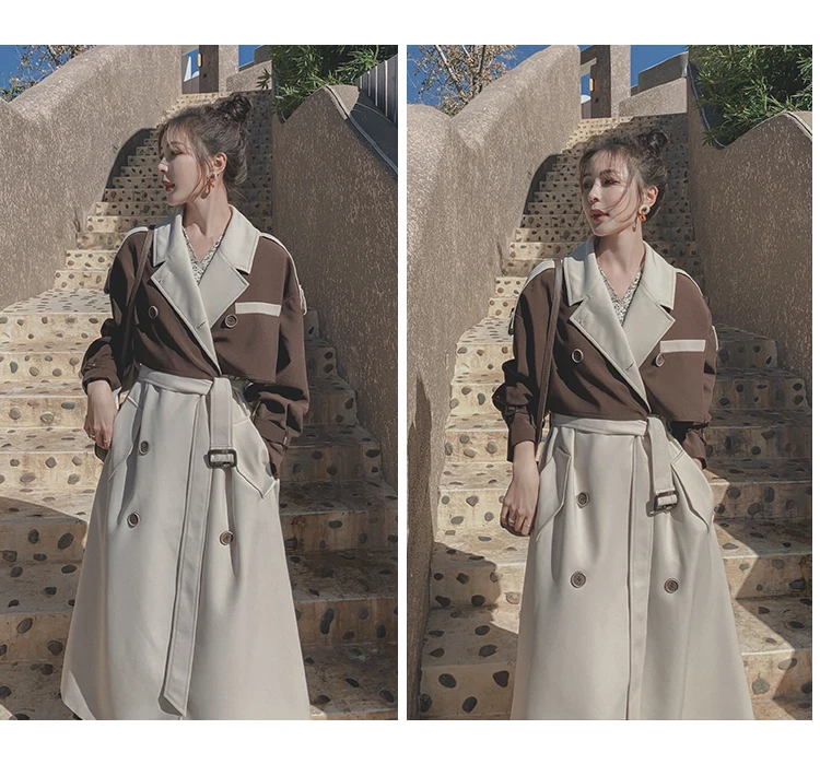 

Trench Coat for Women Double Breasted Color Block Splice Slim Long Windbreaker Female Elegant Vintage Plus Size Jacket Outerwear