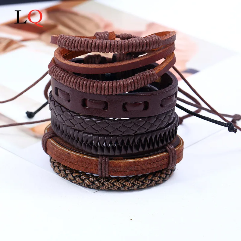 

Vintage Handmade Braided Bracelets Set for Men Punk Rock Geometrice Hollow Wrap Leather Baclet Bangle Male Jewelry for Wholesale