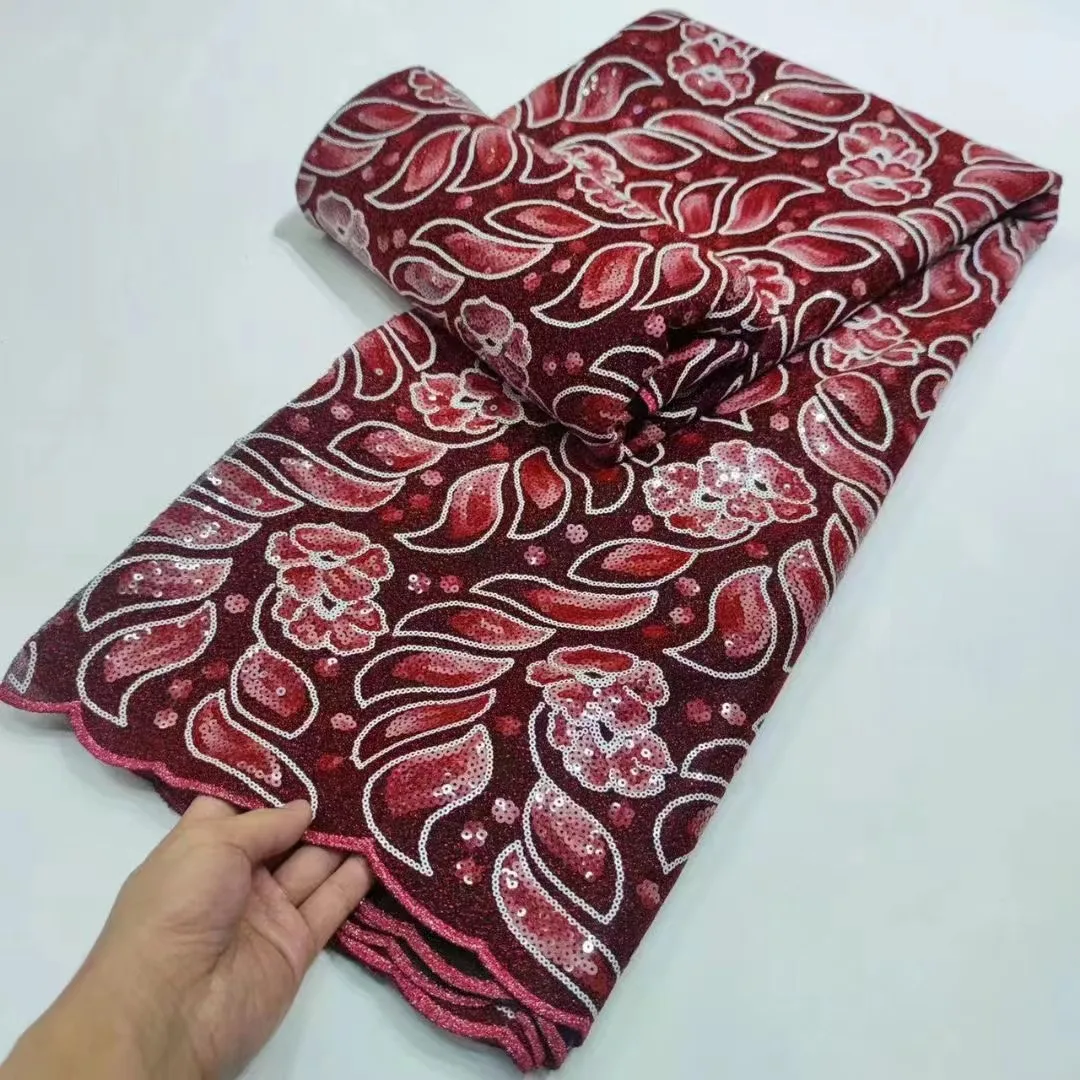 

Wine African Lace Fabric 2021 High Quality French Tulle Lace Embroidery Nigerian Glitter Sequins Net Lace Fabric 5 Yards