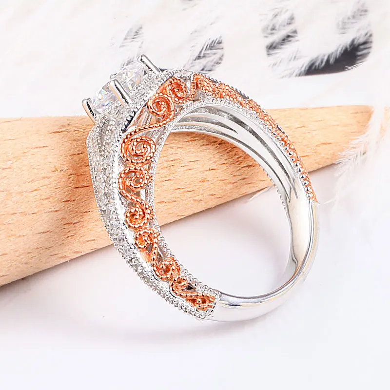 

COLORFISH Luxury Hollow Pattern Color Separation Rose Gold For Women Rings 925 Sterling Silver Round Zirconia Engagement Band