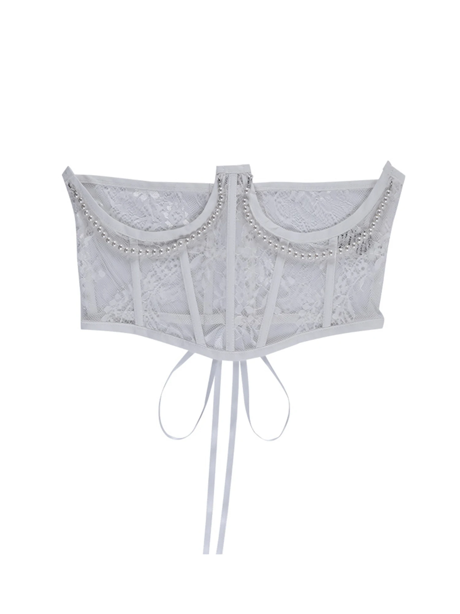 

Womens Sexy Perspective Lace Corset Fashion Solid Color Pearl Stitching Bandage Girdle Sexy Translucent Women's Belt Bodysuit
