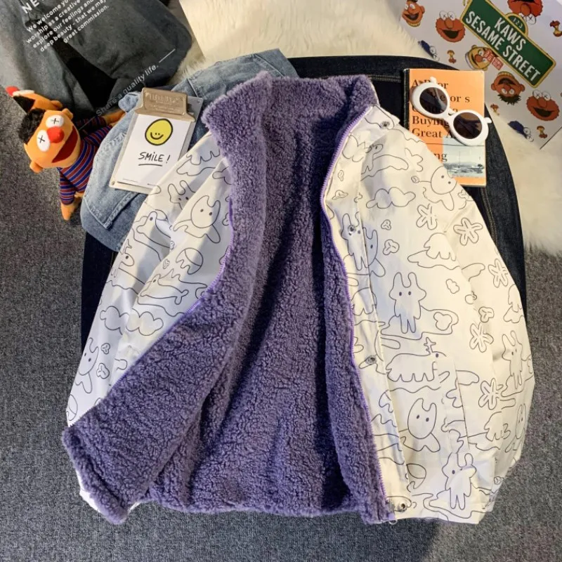 

Double-sided wearable winter plush jacket female cute cartoon print Korean vintage casual zipper Harajuku Oversized outerwear