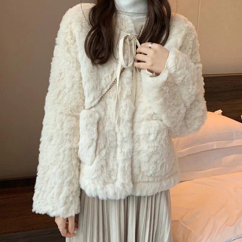 

Персиковое пушистое пальто, женская одежда, утепленная универсальная одежда для осени и зимы, новинка 2021, нежный стиль, для маленьких мужчин