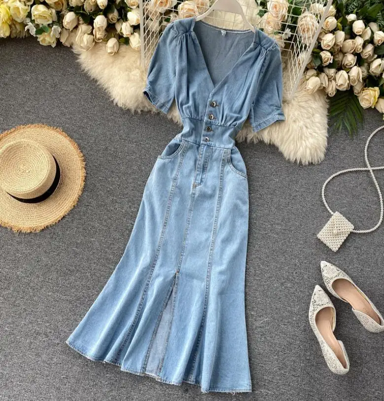 Женское джинсовое платье средней длины с разрезом весна-лето TB132 | Женская одежда