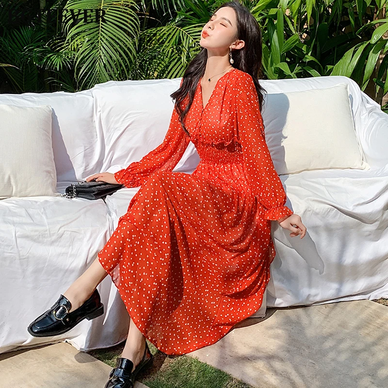 Платье BGTEEVER женское шифоновое с высокой талией цветочным принтом осень