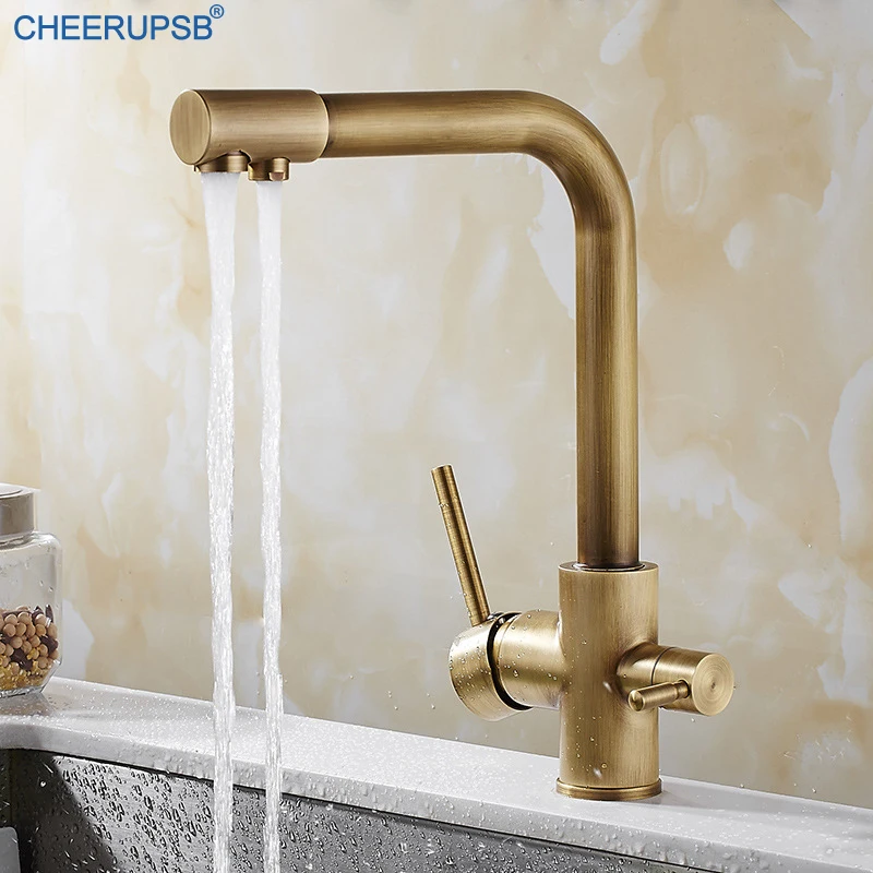 Медный кухонный кран Винтажный Золотой смеситель горячей и холодной воды