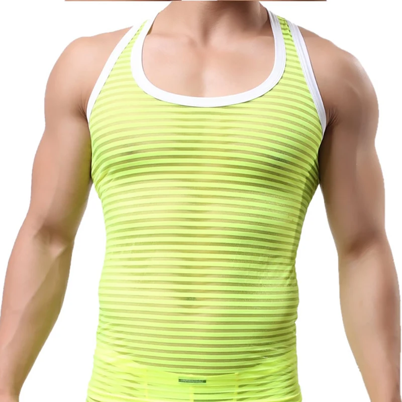 Мужская сетчатая майка AIIOU черная дышащая в полоску Прозрачное нижнее белье