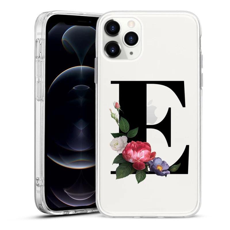 

Clear soft silicone Black Alphabet Font Floral A to Z phone case for iPhone 11 12Pro Max mini XR XS MAX custom combination cover
