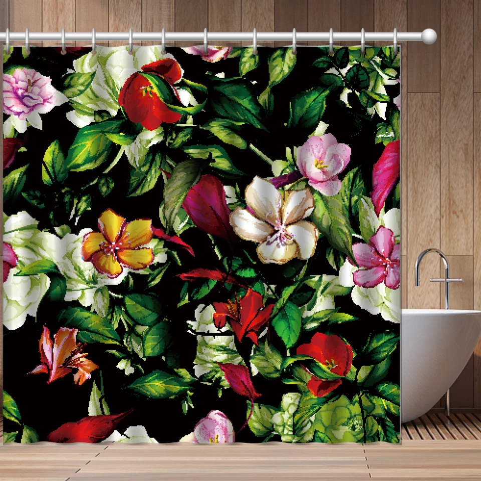 

Palm Leaf Flower 3d Printed Bath Curtains Waterproof Polyester Fabric Washable Bathroom Shower Curtain with 12 Hooks