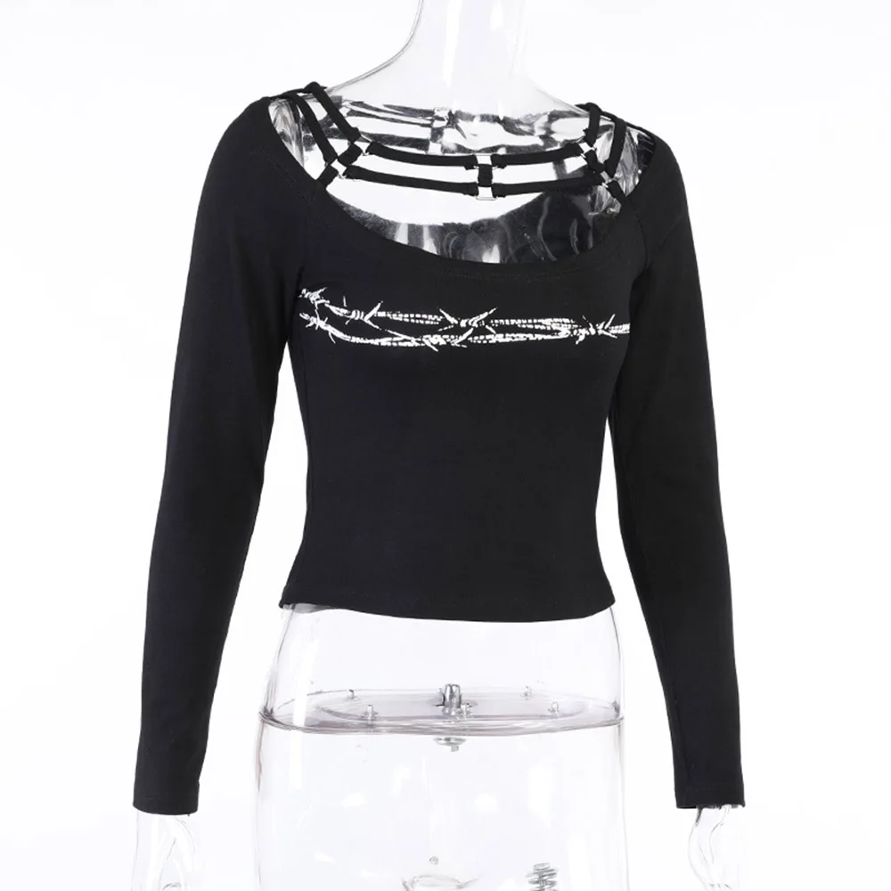 

Gothic T-Shirt Spring Autumn The New Fashion Sexy Hipster Designer Creative Thin Best Sellers Printing Hollow Out Bandage