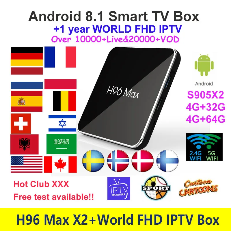 H96 Max X2 Android 8,1 ТВ-бокс с 1 год Мир FHD IP ТВ подписка 10000 каналов Европа Германия, Швеция нордическая США Adultxx