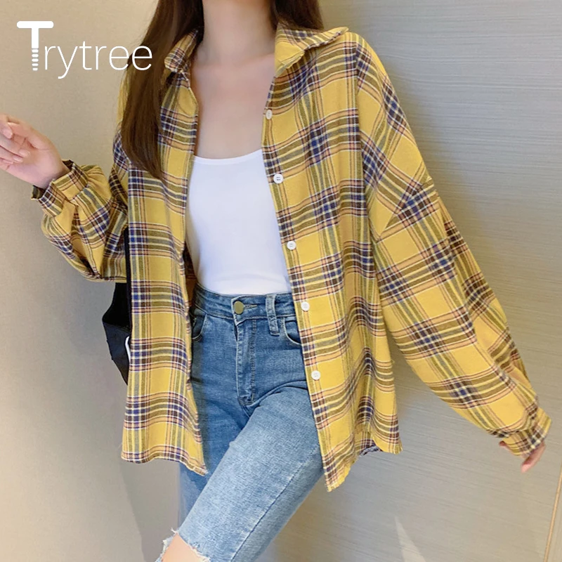 

Trytree 2021 Spring Autumn Blouse Women Casual Chic Plaid Turn-down Collar Single Breasted Office Lady Shirt Sun Protection Tops