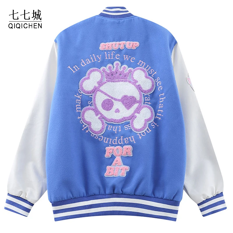 

Baseball Jackets Men Embroidery Cartoon Skull Harajuku Streetwear Bomber Coat Hip Hop Loose Fashion Casual Varsity Jacket Unisex
