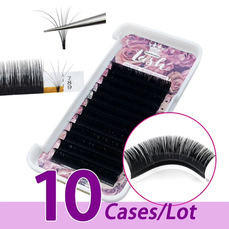 

10case/lot MASSCAKU private label fast blooming mink lashes wholesale 12 lines 0.03 0.05 0.07 volume easy fan eyelash extensions