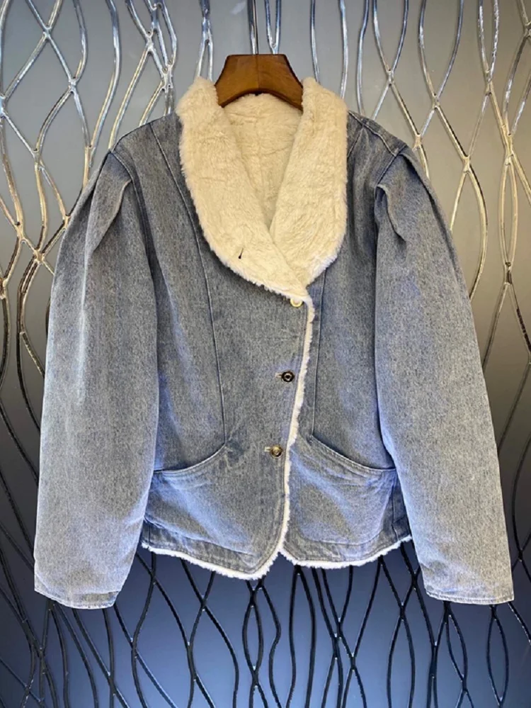 

2021 Winter Denim Jackets High Quality Women Turn-down Collar Pocket Patchwork Long Sleeve Casual Blue Jeans Coat Outerwear