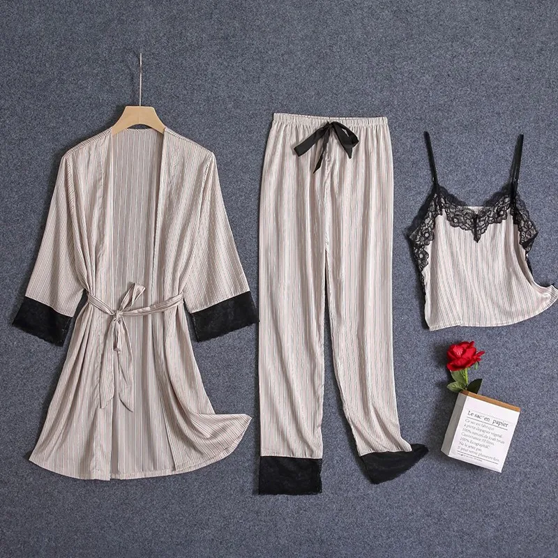 

Faux Silk Satin Women Pajamas Set 3PCS Sleepwear Loose Casual Robe Kimono Bathrobe Gown Sexy Lace Sleep Set Spring Home Clothes
