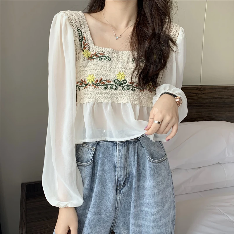 

Blouse Women Fairy Chiffon Patchwork Floral-knitting Elegant Ulzzang Fresh White Thin V-neck Sweet Mujer Tshirt Casual Girls Top