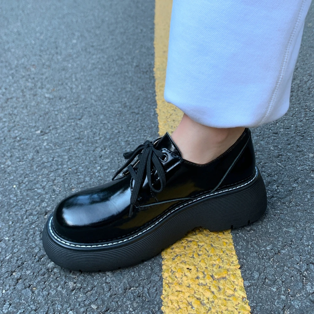 

RIBETRINI Genuine Leather Female Round Toe Retro Flats Lace Up Sewing Platform Punk Street Cool Flats Women Design Shoes Woman
