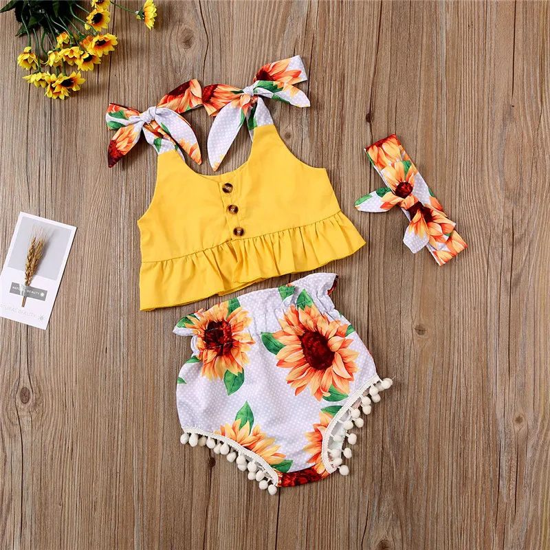 

Summer New Toddler Kids Baby Girls Sleeveless Crop Tops Sunflower Shorts Headband Outfit Set 0-24M