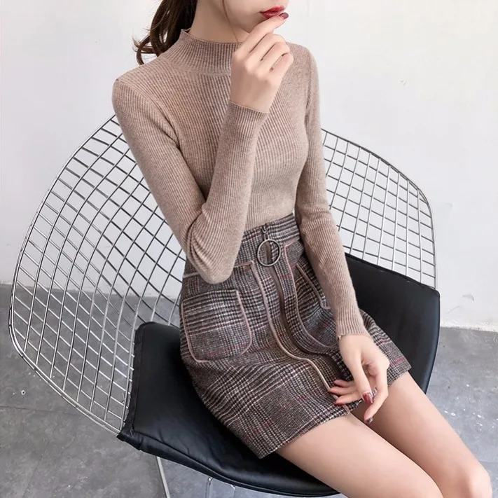 Новинка 2019 осенне-зимний женский длинный рукав средней длины тонкий вязаный