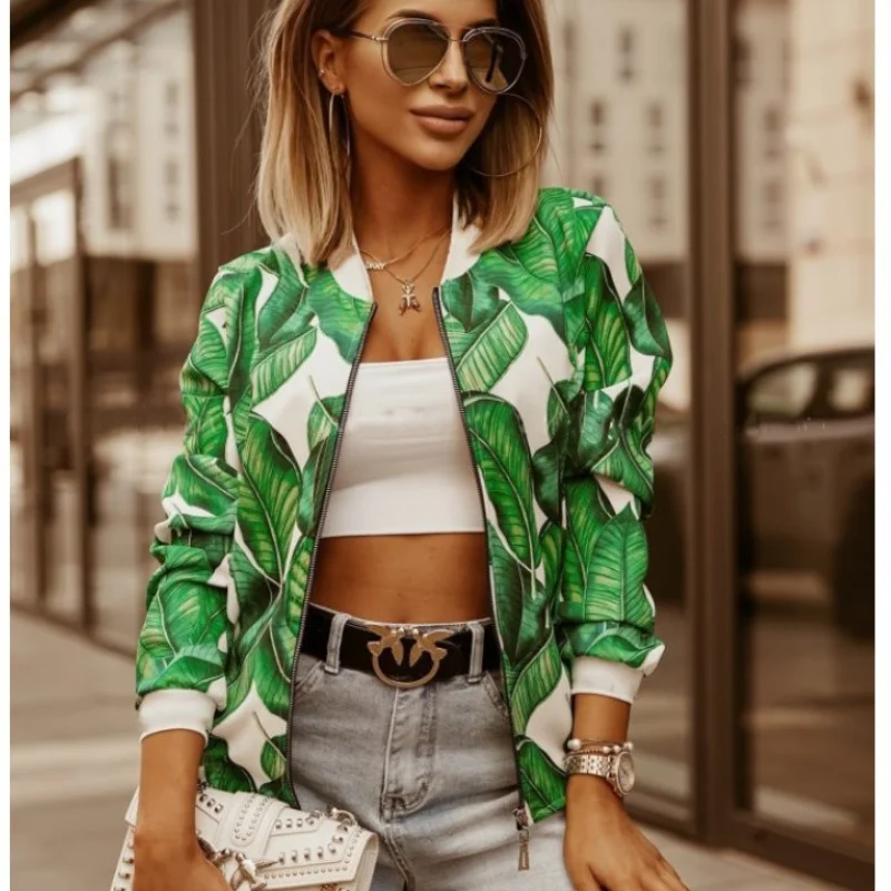 

Куртка-бомбер женская с длинным рукавом, модный винтажный пиджак на молнии с цветочным принтом, элегантный облегающий базовый жакет