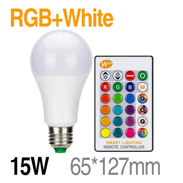 15W RGB White Светодиодный RGB лампа 5 Вт 10 Вт 15 Вт E27 AC85-265V светодиодный светильник 16 изменяемый цвет RGB светодиодный светильник с функцией памяти+ ИК-пульт дистанционного управления - Испускаемый цвет: 15W RGB White