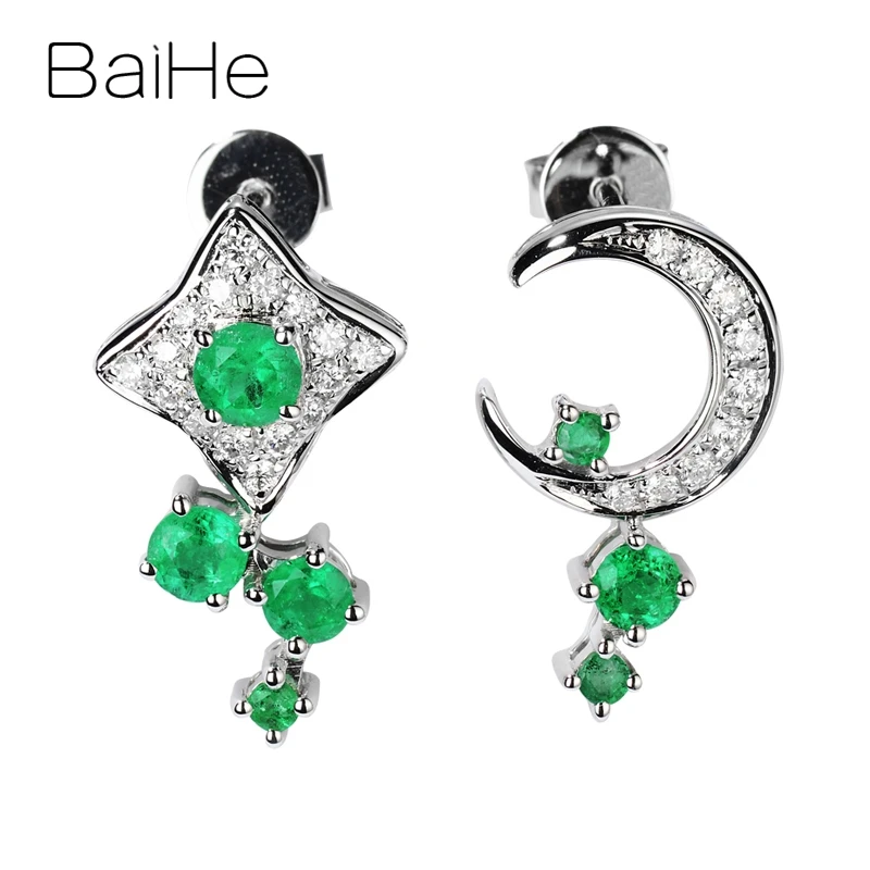 

Серьги-гвоздики BAIHE из натурального белого золота с изумрудами, 14 к