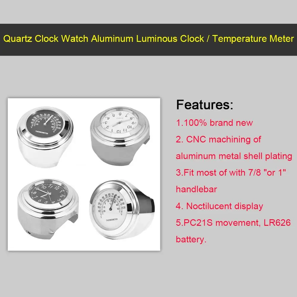 

Universal 7/8 "Waterproof Chrome Motorcycle Bicycle Handlebar Mounted Quartz Clock Watch Aluminum Luminous Thermometer