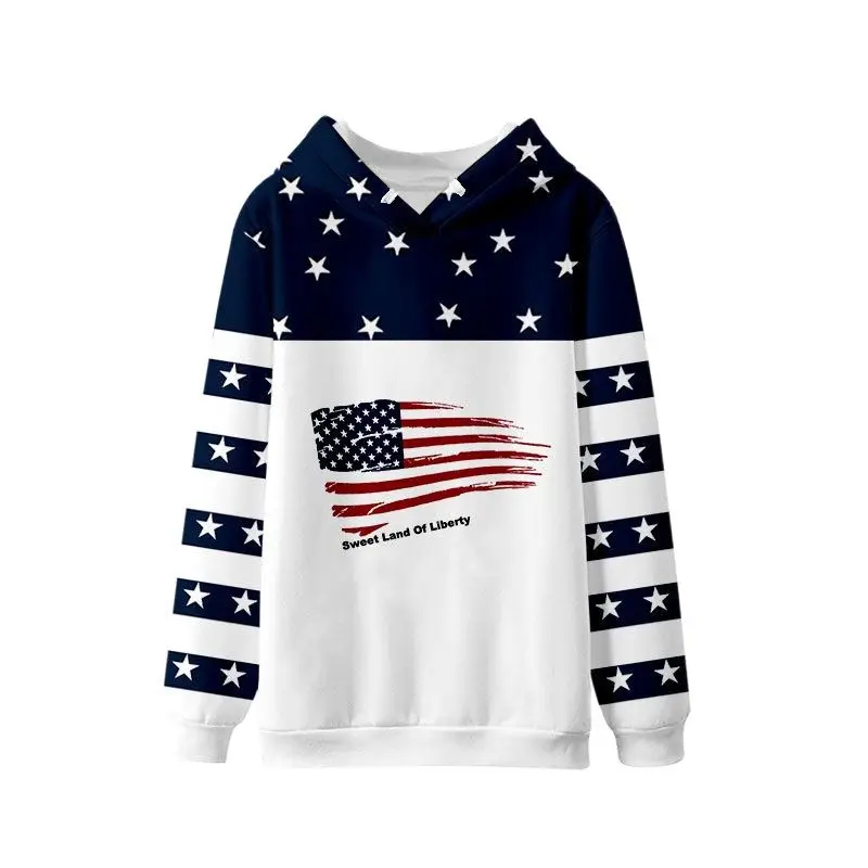 

2021 Wholesale Bagless Sweatshirt Independence Day 3D digital printing for men and women without pockets and hooded sweatshirt
